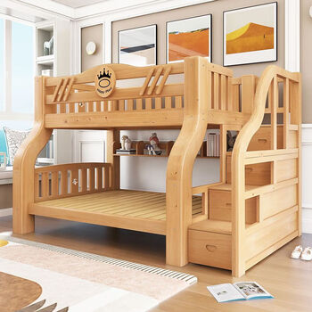 温珀实木上下床双层床两层床成人高低床上下铺床母子床 p款原木梯柜