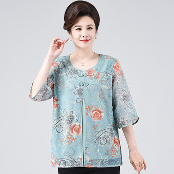 恒源祥(hyx)胖妈妈装中年女装夏装大码200斤胖妈妈夏季假两件t恤加肥