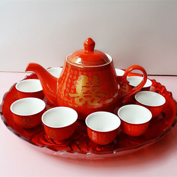 汝香结婚敬茶杯套装中国红色创意陶瓷婚庆茶壶茶具新婚礼物礼品4个