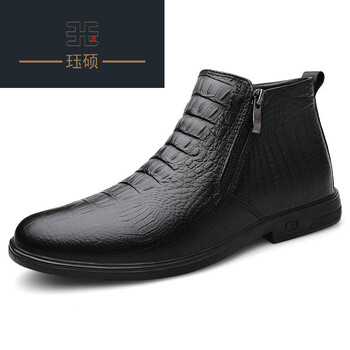 珏硕牛皮商务休闲皮鞋男拉链切尔西马丁靴子冬季保暖棉鞋加绒高帮皮靴