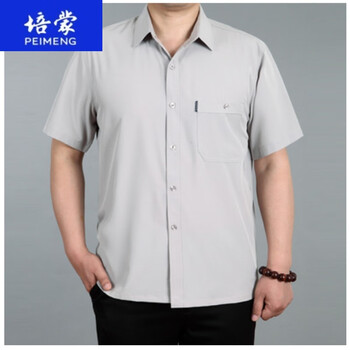 男纯棉短袖衬衫宽松爸爸装全棉五分半袖老人白衬衣 浅灰色(短袖衬衫)