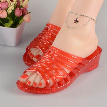 水晶老式凉拖鞋果冻色透明塑料坡凉拖鞋女夏厚底老式熟胶拖鞋室外红色