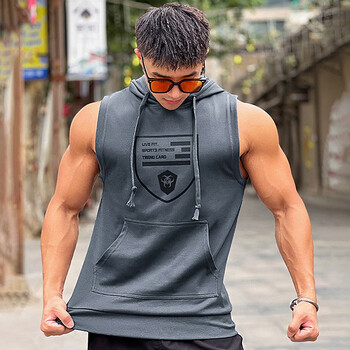 mecbear肌肉健身衣运动休闲连帽背心 男士潮牌跑步训练弹力无袖套头