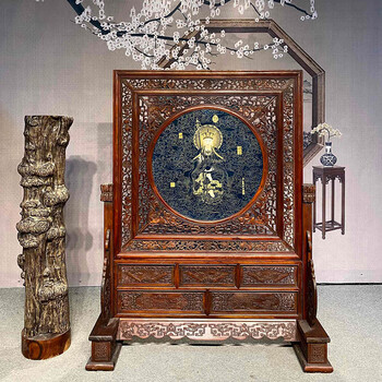 古典家具红木描金透雕镶手绘法郎掐丝唐卡落地屏风xf501