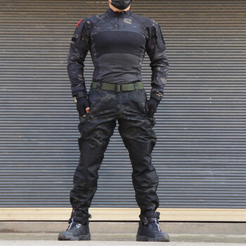 mengqi春季男户外登山休闲收脚战术迷彩冲锋衣裤套装防水耐磨脏训作服