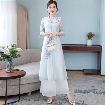 唐装女成人复古汉服两件套中国风中式禅意茶服改良旗袍盘扣上衣茶艺师