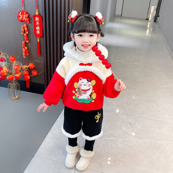 绒唐装冬装过年女孩衣服宝宝中国风卫衣套装红色100码建议体重2430斤