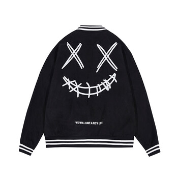 rickyisclownric小丑撕裂笑脸麂皮棒球服夹克男国潮牌情侣装外套黑色m