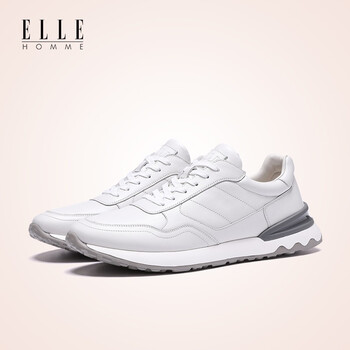 ellehomme鞋子男轻便牛皮户外运动跑步鞋百搭休闲鞋老爹鞋白色39