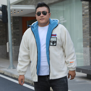 婚帛摇粒绒外套男胖子秋冬季羊羔绒棉衣青年学生大码宽松休闲连帽防