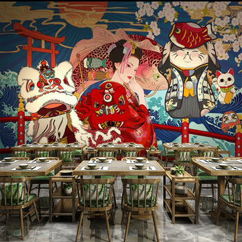 日式浮世绘壁画富岳三十六景海浪餐厅墙纸日本寿司料理店背景墙布
