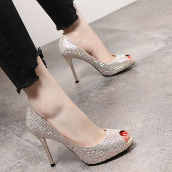 youeshone新款鱼嘴鞋宴会水钻高鞋跟鞋女细跟防水台夜店浅口单鞋春夏