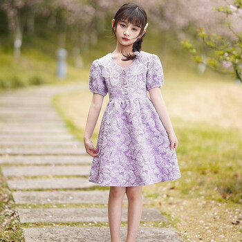 公主裙中大儿童泡泡袖短袖类似蝴蝶结小女孩宝宝淑女裙娃娃领大领子