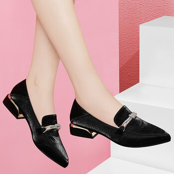 低中跟春天单皮鞋女士粗跟尖头黑色学生时尚妈妈鞋女装方根一脚蹬早春