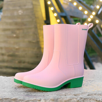 女时尚款女士水鞋中跟漂亮防滑半筒学生加绒雨靴防水胶鞋粉红色单鞋37