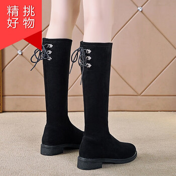 坦博顿旗下女靴绒面瘦瘦长筒靴子小个力布2022冬季加绒平底显瘦过黑色