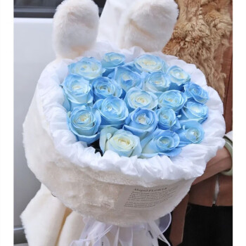 花与千寻情人节兔子耳朵花束玫瑰花束送女友朋友生日礼物全国同城配送 19朵碎冰篮兔耳朵花束