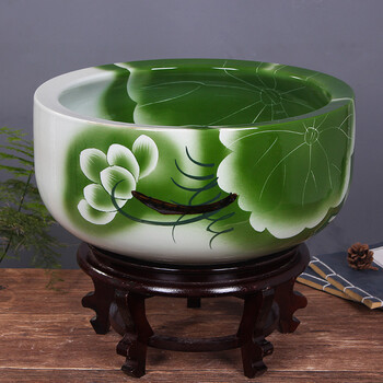 缸冰裂陶瓷水缸景德镇陶瓷鱼缸养金鱼缸碗 叶绿荷聚宝盆特大号51cm