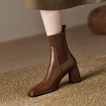 喜朗顿牛皮短靴女2022秋冬季新款女鞋子单靴方头粗跟马丁靴女瘦瘦靴