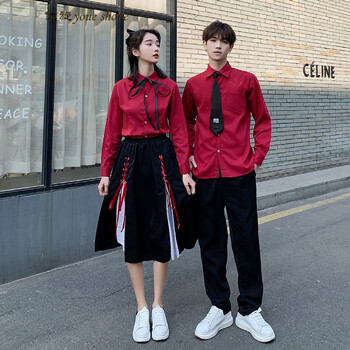校服红色衬衫套装初高中生校园风合唱服定制男女 女红长x 黑白裙 丝带