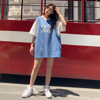 吉兴久篮球服假两件假两件短袖t恤女装200斤夏季韩版宽松中长款上衣