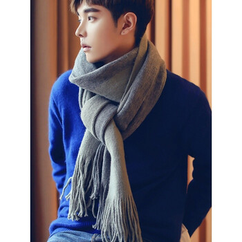 男秋冬季韩版新款百搭简约男士围巾针织毛线围脖学生长款年轻人浅绿色