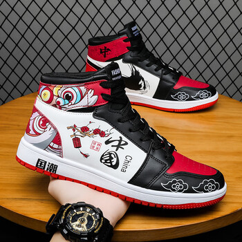 国潮aj鸳鸯男鞋高帮空军一号休闲板鞋2022新款中国红醒狮卡通动漫个性