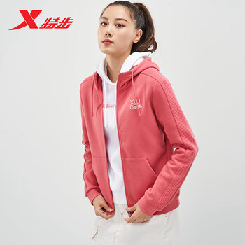 商场同款特步运动外套女开衫卫衣2021女装连帽针织上衣休闲运动夹克