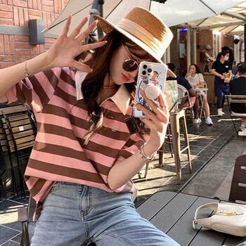 大金家黑白条纹t恤夏女设计感宽松撞色翻领polo衫泡泡袖短袖上衣粉紫