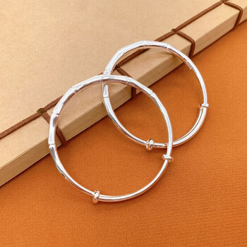 周六福足银9999古法传承竹节光面推拉手镯子情人节生日礼物25克足银