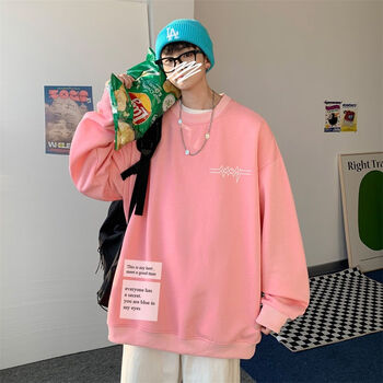 圆领卫衣男潮ins痞帅炸街外套学院风hiphop潮牌无帽痞帅上衣粉红色m