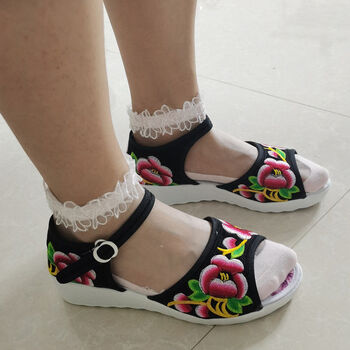 雉鳐云南民族风平底手工凉靴中老年妈妈布凉鞋时尚坡跟女式鞋子黑色34