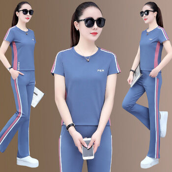 言衣庭气质休闲短袖长裤运动套装女夏季宽松薄款圆领冰丝棉休闲两件套