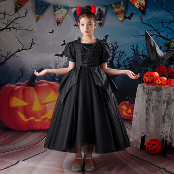 万圣节服装儿童小恶魔礼服公主裙cosplay女巫婆吸血鬼女孩演出服 黑色