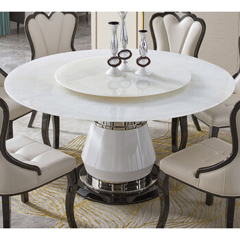 天然玉石大理石餐桌圆形简约现代家用高档圆桌椅组合别墅圆桌 天然