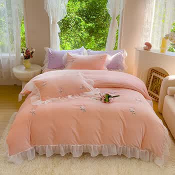 甲挥戈家用230克全消光牛奶绒四件套加厚法兰绒珊瑚绒被套南通玫玫瑰