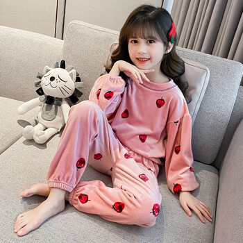 女童法兰绒宝宝珊瑚绒海藻绒薄款双面绒中小大童女孩家居服 草莓粉色