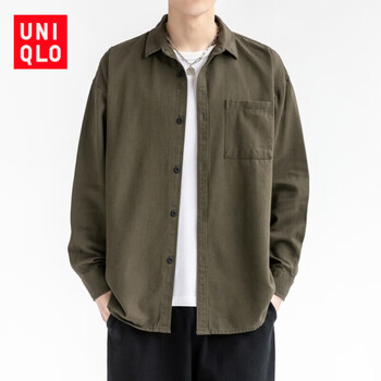 优衣库潮神纯棉长袖衬衫男士春季休闲宽松潮牌帅气衬衣上衣外军绿色m