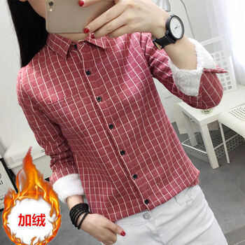 泰载小格子加绒春季打底秋冬加棉衬衫女加绒加厚保暖红色加绒s建议80
