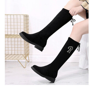 平底靴女中长款不过膝长显弹力胖粗腿学生中筒瘦瘦秋冬子 y-8【r钻棉