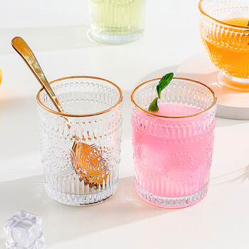 浮雕玻璃水杯女早餐杯子ins风个性简约金边印花杯家用把手淘样儿 小号
