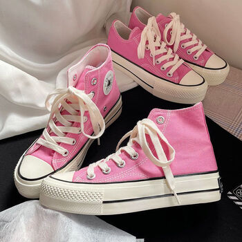 季回力休2022新款粉色厚底帆布鞋女高帮韩版休闲ulzzang百搭增高板鞋