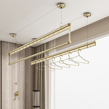 晾衣杆阳台顶装升降手摇晾衣架室内窗台铝合金挂被杆家用阳台折叠双杆