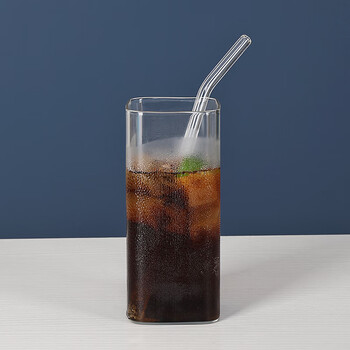 方形玻璃杯 蓝色方形玻璃杯带吸管创意透明奶茶杯果汁饮料杯子微波炉 