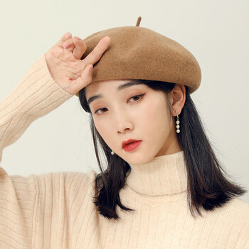 秋冬英伦复古柔软纯澳毛贝雷帽女秋冬百搭画家帽子韩版羊毛蓓蕾帽茶色