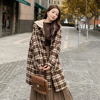 有漫羊绒大衣女学生格子羊绒双面呢子大衣女学生冬季年小个子中长款格