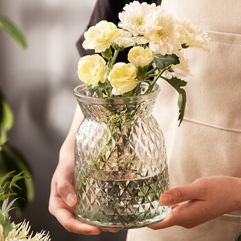 华贺欧美轻奢花瓶透明复古客厅卧室装饰立体浮雕法式收口玻璃瓶晶莹纯