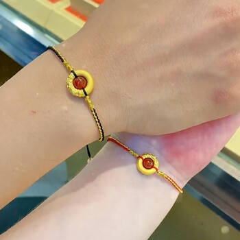 曼舒爱999足金平安扣红玛瑙手链黄金箍圈素圈手绳情侣款一对送女友