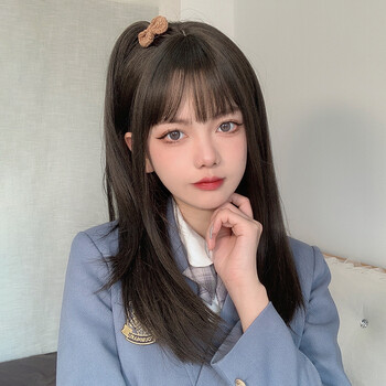 纵美 假发女日常长发内扣中长发网红空气刘海lolita少女全头套 黑茶色