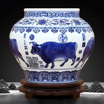 景德镇陶瓷器高白珐琅彩青花五牛图罐花瓶工艺品礼品客厅摆件家居玄关